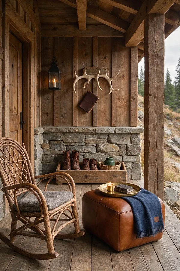 A rustic front porch with rough-hewn wood posts, plank walls, and a stone half-wall. A wicker rocking chair with a cushion sits beside a brown leather ottoman draped with a navy throw, while boots, a lantern, and antlers add a cozy cabin feel.