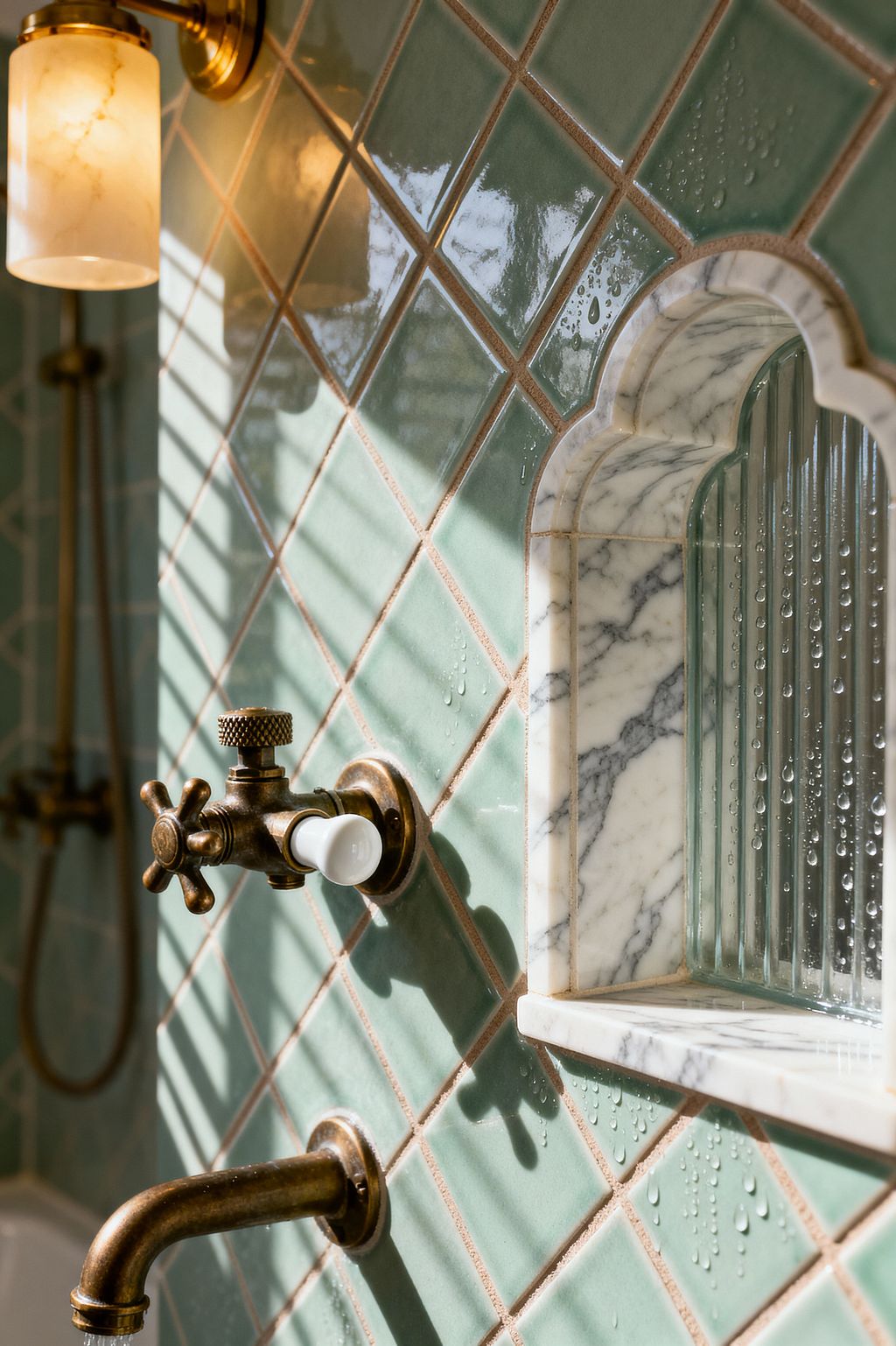 Close-up of a transitional bathroom wall clad in glossy sage-green ceramic tiles laid diagonally with tan grout. An antique-brass faucet and cross handle with a white porcelain cap sit below a patinated spout, near a small brass sconce with a milky glass shade. To the right, an arched Carrara marble niche is lined with vertical reeded glass. Water droplets and bands of sunlight create texture, blending vintage fixtures with fresh materials.