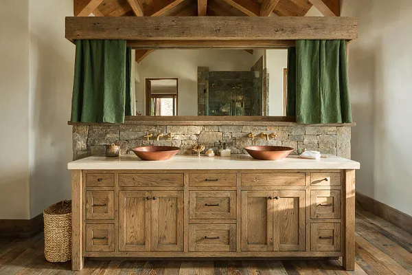 A rustic master bathroom features a large reclaimed wood double vanity with many drawers and cabinet doors, topped with a pale stone counter and two copper vessel sinks. A rough stone backsplash, brass wall-mounted faucets, green linen curtains, exposed wood beams, and a wide mirror complete the warm, natural look.
