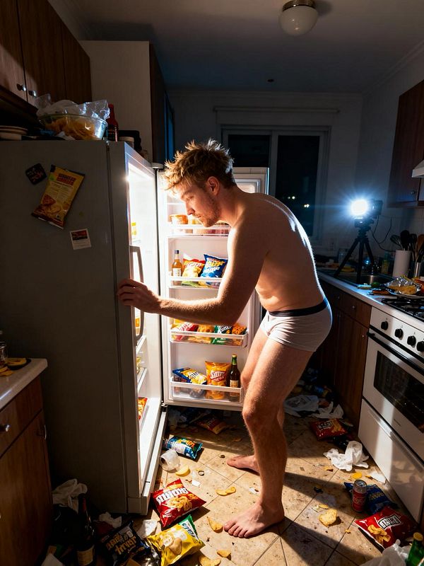 A man in his underwear stands in front of an open refrigerator in a messy kitchen filled with food and trash.
