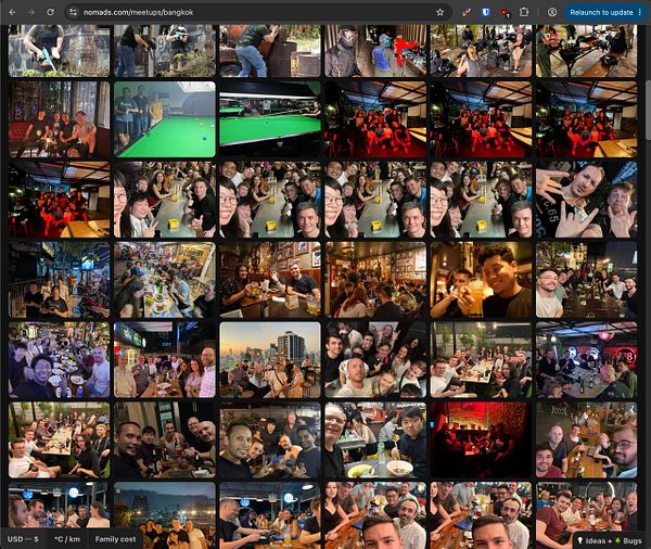 A website gallery page featuring a collage of group photos from various social meetups in Bangkok, showing people socializing, playing games, dining, and enjoying nightlife.