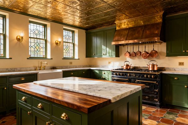 A Victorian-style kitchen with deep olive shaker cabinets, brass cup pulls, and veined marble counters surrounds a central island with a walnut top and marble pastry slab. A patinated copper hood sits over a black, brass-trimmed range with hanging copper pots, while a white farmhouse sink and brass bridge faucet line the windowed wall; leaded glass panes, brass hurricane sconces, an embossed gold tin ceiling, and terracotta hex floor tiles complete the warm, historic look.