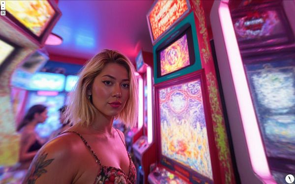 A young woman stands in a vibrant arcade filled with colorful screens and neon lights.