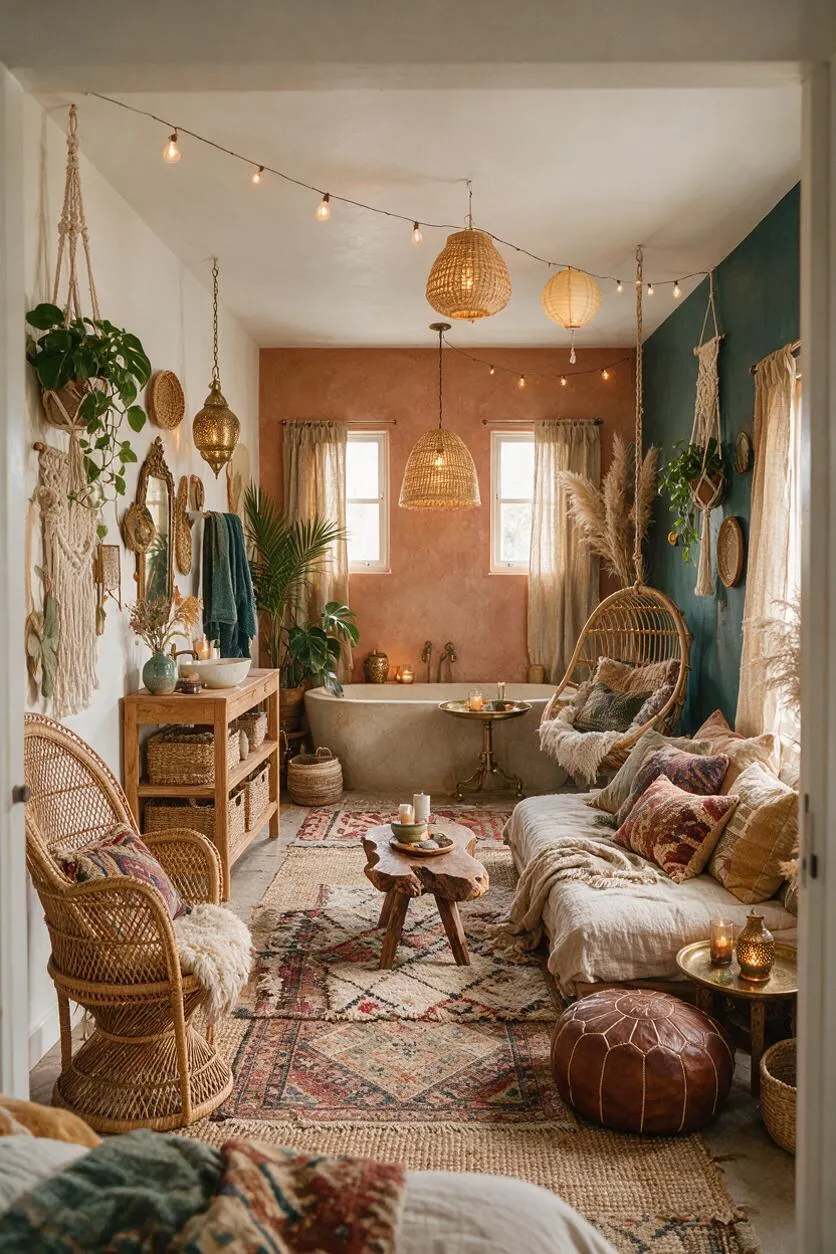 A warm bohemian master bathroom with a freestanding tub set against a terracotta accent wall, white and deep green side walls, and hanging woven pendant lights and string bulbs overhead. The space is filled with rattan chairs, macramé wall hangings, patterned rugs, plants, and natural textures, creating a cozy, eclectic retreat.
