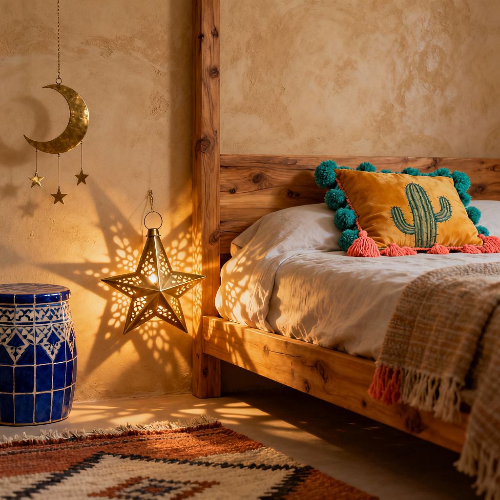 A cozy Moroccan-inspired kids’ room corner features a honey-toned wooden bed with white linen, a mustard pillow trimmed with teal pom-poms and coral tassels, and a brass star lantern casting patterned light across sand-colored plaster walls. A brass crescent moon and stars mobile hangs above, with a cobalt blue ceramic stool and a terracotta-and-ivory geometric rug completing the playful, handcrafted scene.