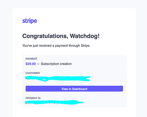 A payment notification from Stripe confirming a subscription payment.