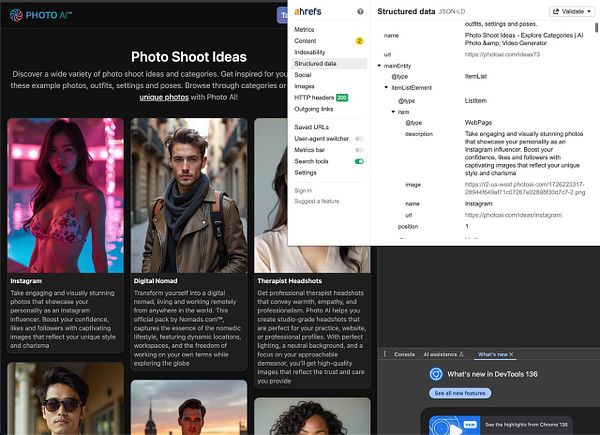 The image displays a web interface for a photo shoot ideas platform alongside a structured data schema in JSON-LD format.