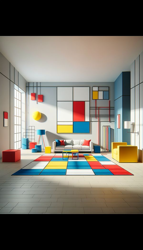 a minimalist interior design inspired by De Stijl, featuring primary colors, geometric shapes, and a spacious layout