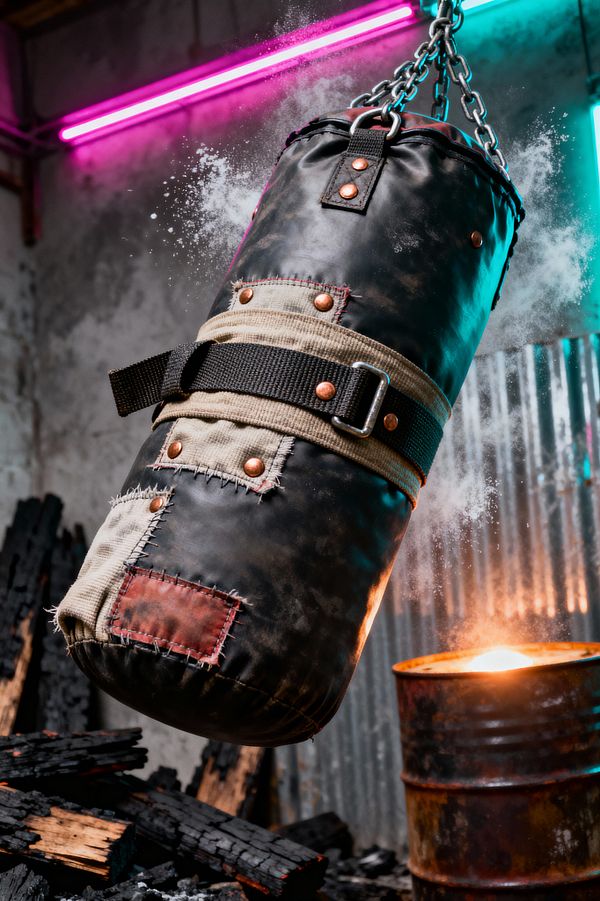 Close-up of a distressed black leather punching bag hanging from heavy steel chains in a gritty, post-apocalyptic home gym. The bag features khaki canvas patches, copper rivets, and a black nylon strap with a steel buckle, surrounded by a burst of chalk dust. Behind it are corrugated metal panels and raw concrete walls, lit by neon magenta and cyan tubes, with charred timber and a glowing rusted steel drum on the floor.