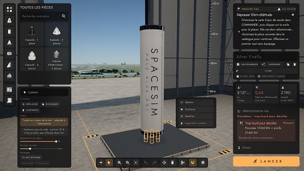 User interface of a rocket building simulation game showing a partially assembled rocket, parts catalog, and flight metrics in French.