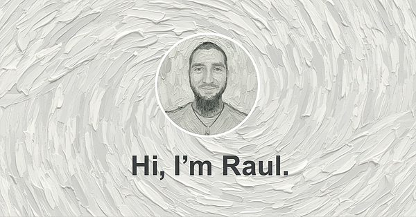 A stylized portrait of a man named Raul is set against a textured, swirling background.