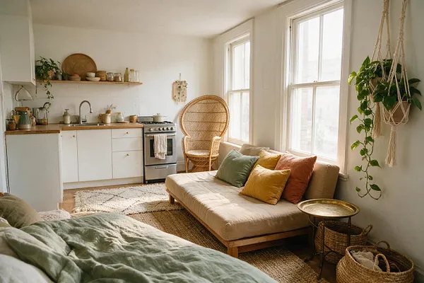 A bright studio apartment combines a compact kitchen and relaxed sleeping area in one open room. White walls, tall windows, a wicker chair, hanging plants, natural rugs, and a low beige sofa with colorful pillows create a warm bohemian feel.
