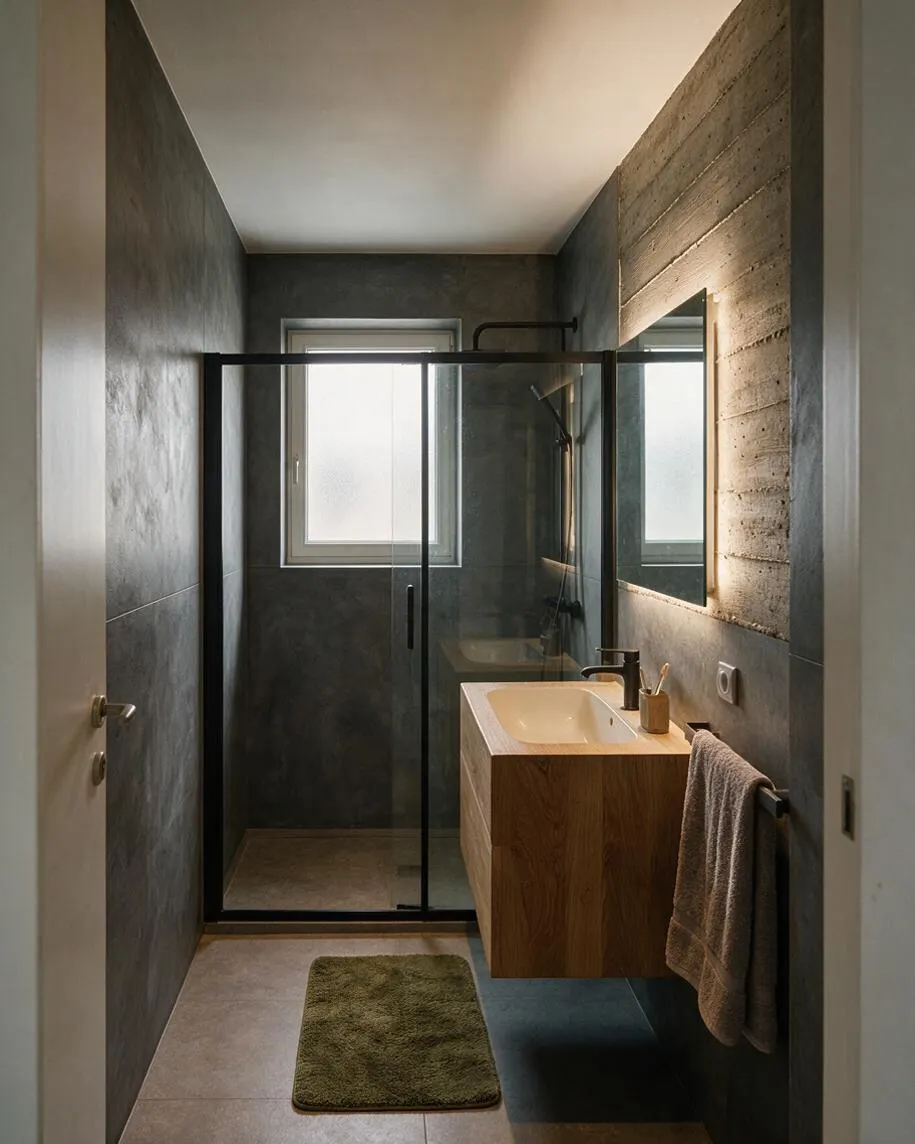 A narrow bathroom with dark concrete-look walls, a glass shower enclosure, and a floating wood vanity with a white sink. A backlit textured wall and simple mirror add warmth, while muted tiles and a small green bath mat keep the space minimal and calm.