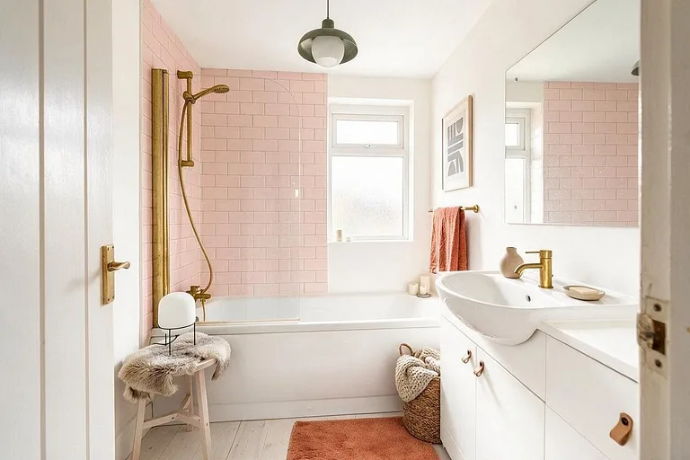 A Scandinavian bathroom in the Blush Tile palette: warm white, blush pink, white, terracotta, and brass