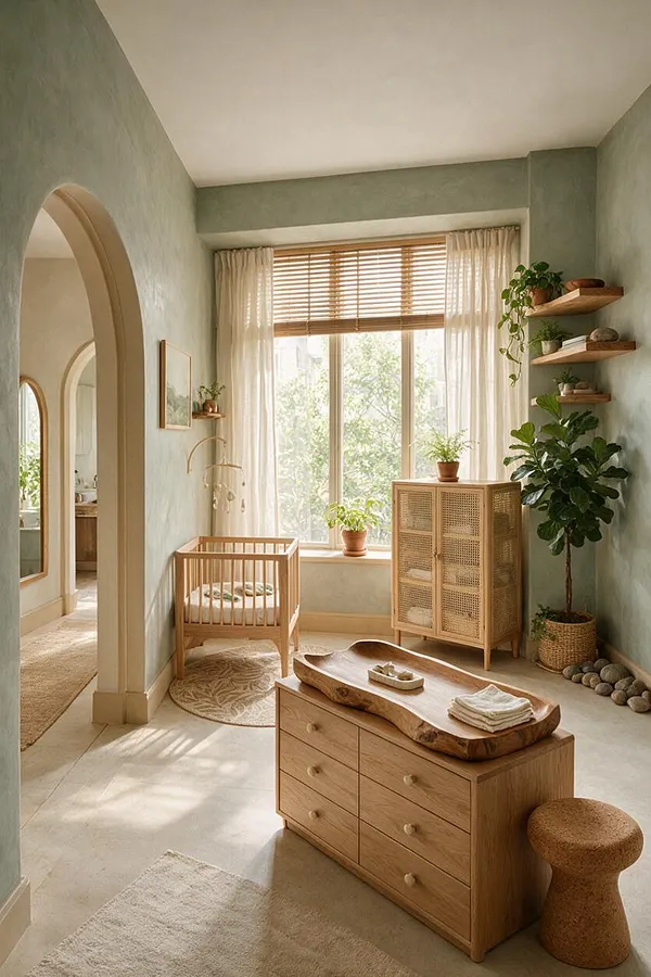 A serene nursery with sage green walls, an arched doorway, and a large sunlit window dressed with sheer curtains and bamboo blinds. Natural wood furniture, woven textures, and several potted plants create a calm biophilic atmosphere.