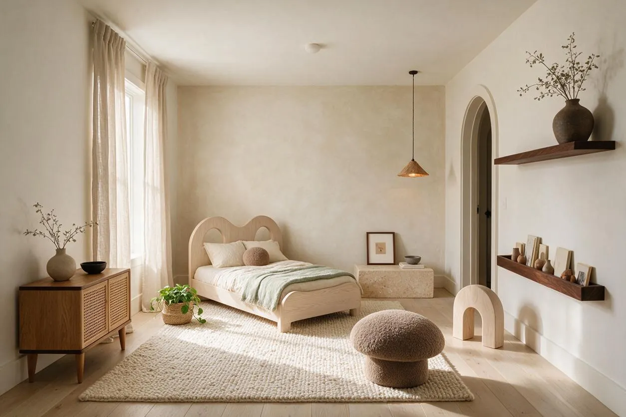 A serene kids' room with a small pale wood bed, textured cream rug, and soft beige walls. Natural light filters through sheer curtains, while floating shelves, a woven pendant, and rounded decor pieces reinforce the organic modern style.