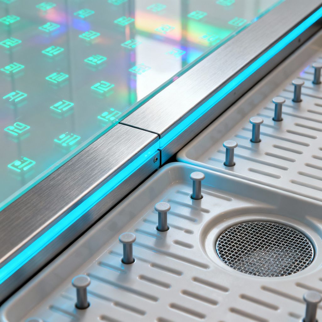A close-up of a futuristic mudroom drying station shows gray molded trays with drainage slots, short pegs for elevating shoes, and a circular stainless mesh drain. Adjacent is a frosted glass platform framed in brushed stainless steel, illuminated by a cyan light strip and glowing LED symbols beneath the surface, creating a cool palette of silver, gray, and aqua that emphasizes cleanliness, precision, and efficient water management.