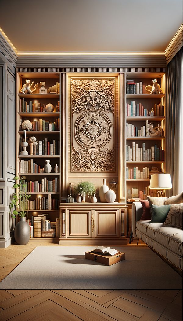 A cozy reading nook in a living room with an ambry built into the wall, filled with books and decorative vases.