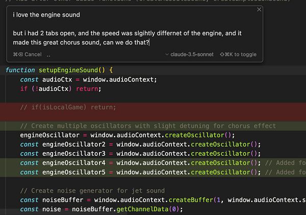 The image displays a code snippet related to setting up an engine sound with a chorus effect in a programming environment.
