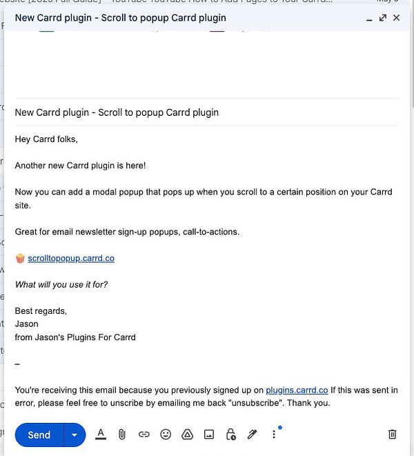 An email draft promoting a new plugin for Carrd titled 'Scroll to popup'.
