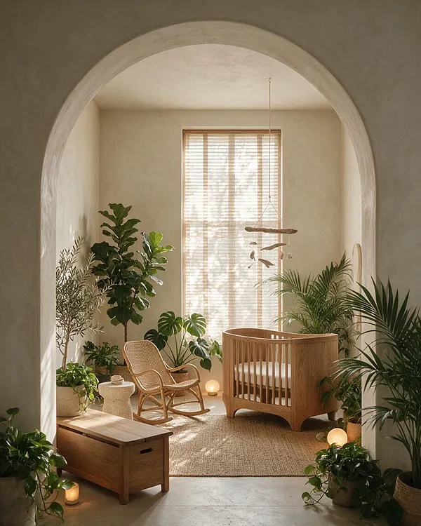 A serene biophilic nursery with an arched opening, soft beige plaster walls, and a large window with woven blinds. The room features a wooden crib, a rattan rocking chair, a jute rug, a low wooden storage bench, and many lush potted plants arranged around warm ambient lights.