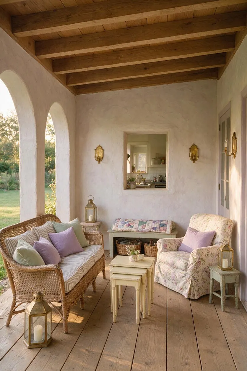 A cozy cottagecore backyard porch with white stucco walls, arched openings, and a warm exposed wood ceiling. The space features a wicker loveseat, a floral armchair, nested cream tables, lanterns, and soft pastel cushions in lavender, sage, and blush.