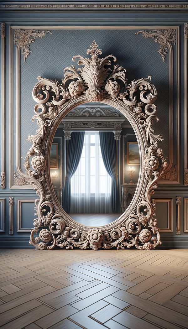 An elegant Victorian-style mirror frame adorned with intricate floral cresting detail, adding a touch of classical beauty to the room.