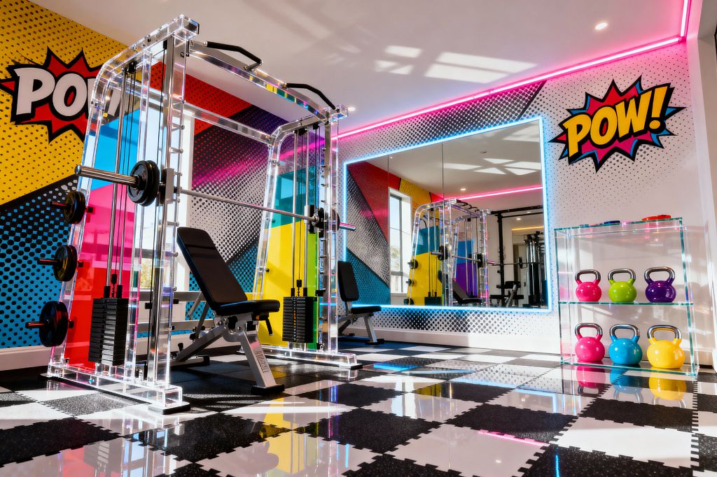 A home gym in Pop Art style features a clear acrylic Smith machine and black adjustable bench set before mural walls with halftone dots, diagonal color blocks, and bold “POW!” graphics in yellow, cyan, magenta, red, black, and white. A large mirror framed with pink and blue LED strips reflects the space; an acrylic shelving unit displays colorful kettlebells, and a black-and-white interlocking checker floor and recessed lighting complete the energetic room.