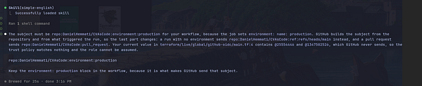 Terminal output showing a message about environment and repository settings in a workflow with references to GitHub subjects and Terraform values.