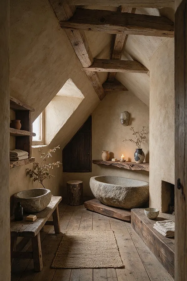 A narrow master bathroom in Wabi-Sabi style with rough plaster walls, weathered wood beams, and aged plank flooring. Two stone vessel sinks sit on rustic wooden surfaces, with soft candlelight, ceramic vessels, and dried branches creating a calm, earthy atmosphere.