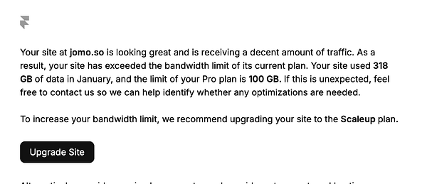 A notification about exceeding bandwidth limits for a website hosted on Framer.