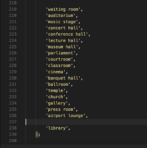 The image displays a code snippet listing various room types in a programming context.