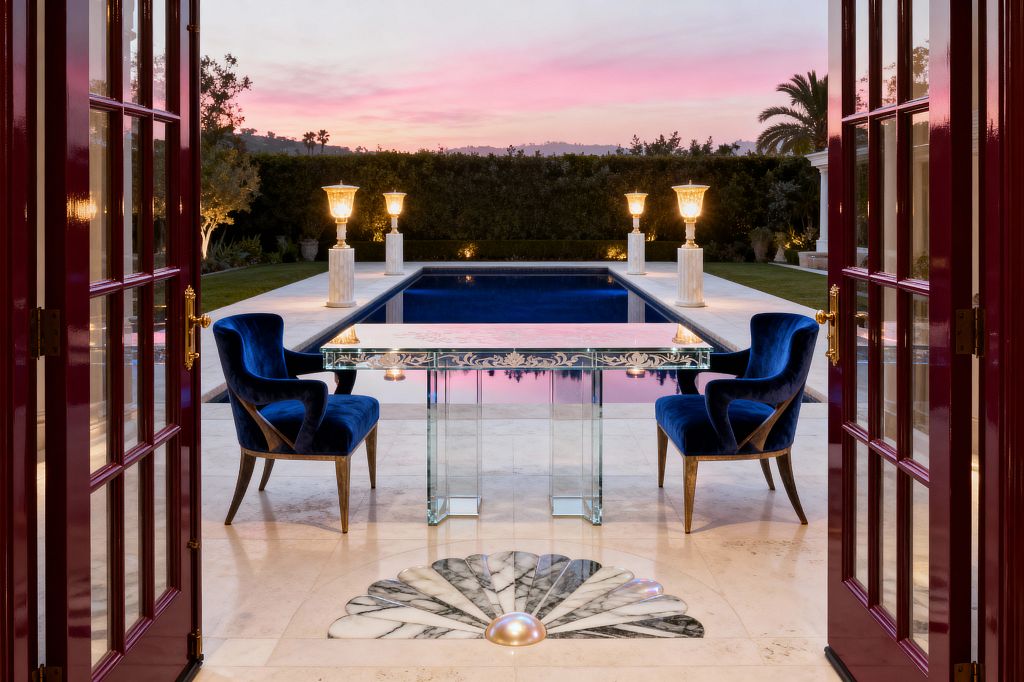 Through burgundy French doors, a Hollywood Regency patio frames a rectangular navy pool, flanked by four glowing urn lanterns on fluted marble pedestals. In the foreground, a mirrored console with etched floral motifs stands between two royal blue velvet armchairs on cream limestone, set over a fan-shaped black-and-white marble inlay, with clipped hedges, palm silhouettes, and a pink sunset reflecting in the water.