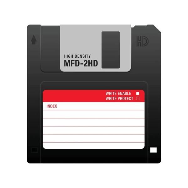 The image depicts a high-density floppy disk with a label and indicators for write protection.