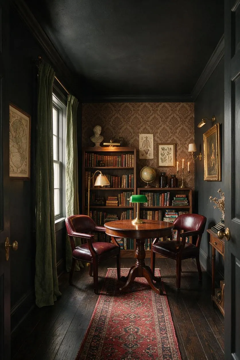 A narrow dark academia game room with black walls, a dark wood floor, and a patterned red runner leading to a round wooden table with two burgundy leather chairs. A bookshelf filled with old books, a green banker’s lamp, framed botanical art, a globe, candles, and deep green curtains by the window complete the scholarly atmosphere.