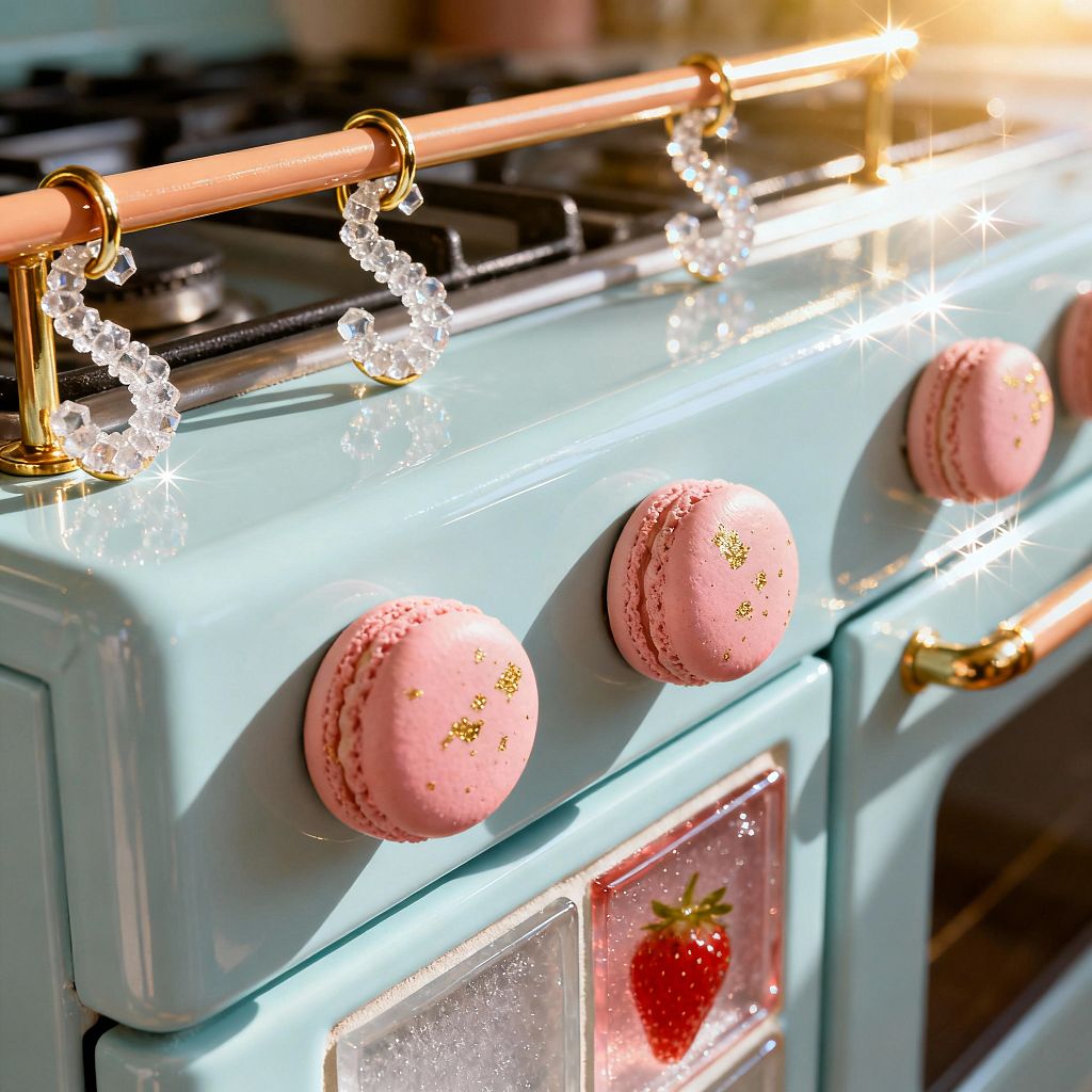 A close-up of a pastel mint retro gas range with black cast-iron grates. The oven features blush pink macaron-shaped control knobs dusted with gold flecks and a polished brass handle. Above the cooktop, a peach rail holds faceted crystal S-hooks in gold rings. The oven door includes glittery resin tiles, one with a strawberry motif. Sunlight creates sparkling highlights, emphasizing glossy enamel, candy colors, and playful, confection-inspired details.