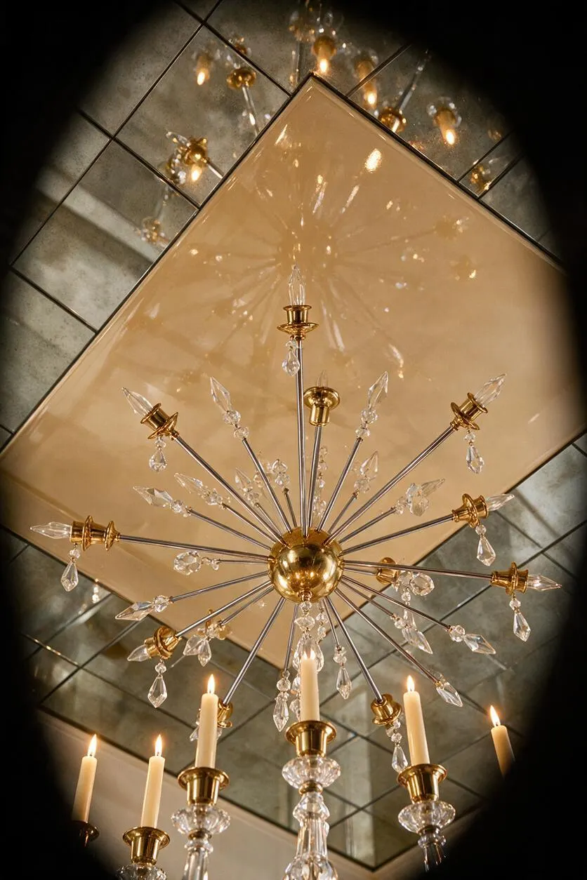 An upward view of a Hollywood Regency ceiling detail featuring a gold starburst chandelier with clear crystal drops and candle-style bulbs. The fixture is reflected in mirrored ceiling panels, creating a dramatic, glamorous effect.