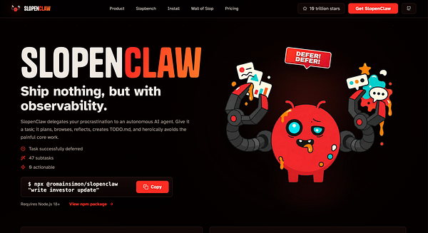 A screenshot of a web page showcasing a colorful animated character on a purple and white background with the URL slopenclaw.com displayed at the top.