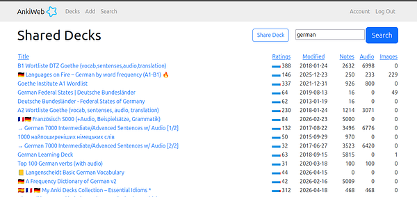 Screenshot of a German language learning website showing a vocabulary lesson.