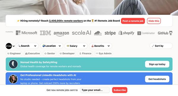 The image displays a webpage for a remote job board featuring various logos and job search options.