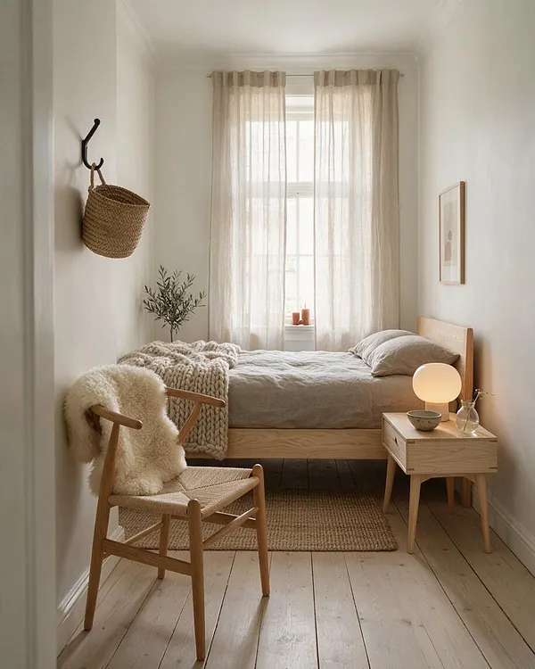 A narrow Scandinavian-style guest bedroom with a light wood bed, sheer beige curtains, white walls, and pale wood plank flooring. The room is layered with natural textures including a woven rug, chunky knit throw, rattan chair, wicker wall basket, and a soft glowing bedside lamp.