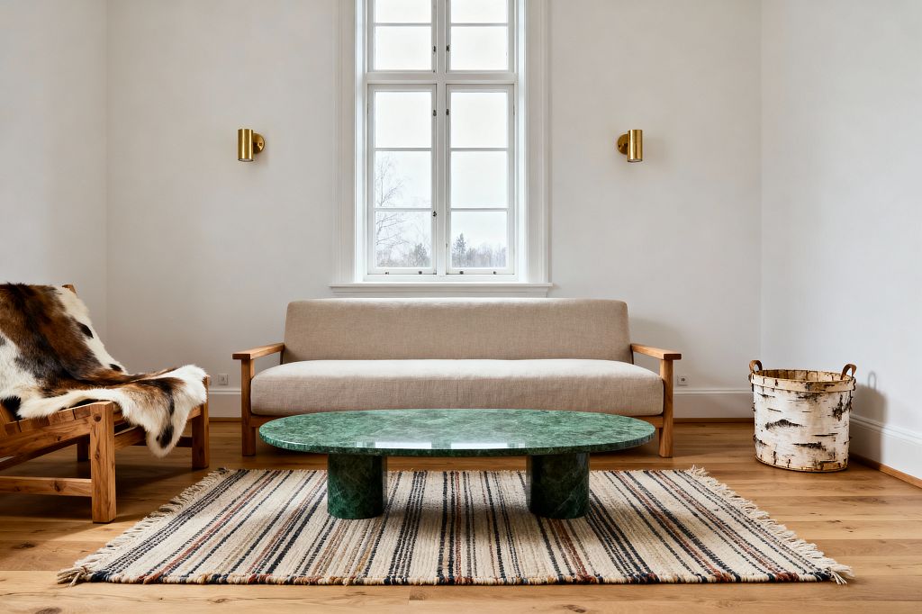 A minimalist Scandinavian living room features a beige upholstered sofa with slim oak arms centered beneath a tall, multi-pane window. A low oval green marble coffee table sits on a striped flatweave rug. To the left is a matching oak lounge chair draped with a natural cowhide, while a birch-bark basket stands on the right. Warm white walls and honey-toned oak floors create a calm backdrop, accented by two symmetrical brushed-brass wall sconces that frame the window.
