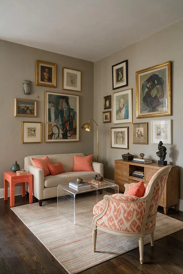 A cozy eclectic living room with taupe walls, a curated gallery wall of framed art, a cream sofa with coral pillows, a patterned pink accent chair, and a clear acrylic coffee table. A brass floor lamp, wooden sideboard, coral side table, and pale striped rug complete the layered, collected look.