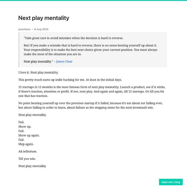 The image features a blog post discussing the 'next play mentality' in the context of entrepreneurship.