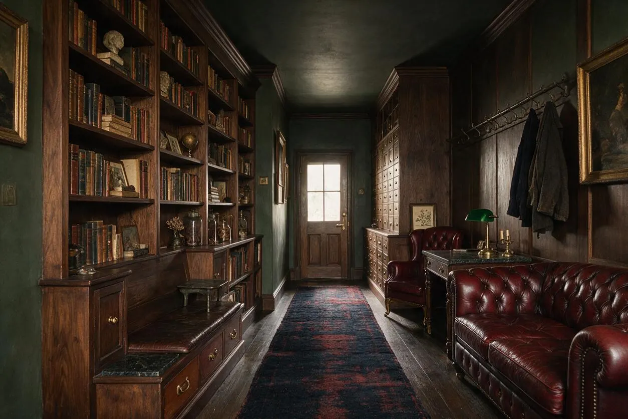 A narrow Dark Academia entryway with dark green walls, floor-to-ceiling wooden bookshelves on the left, and built-in cabinetry and coat hooks on the right. Burgundy leather chairs and a tufted sofa, a patterned runner, framed art, and a glass-paned door create a moody, scholarly atmosphere.