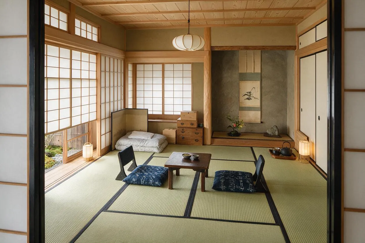 A traditional Japanese guest bedroom with tatami mat flooring, shoji screen windows, and light wood framing. The room features a low tea table with floor cushions, futons stacked in one corner, a tokonoma alcove with hanging scroll and ikebana, and soft lantern lighting.