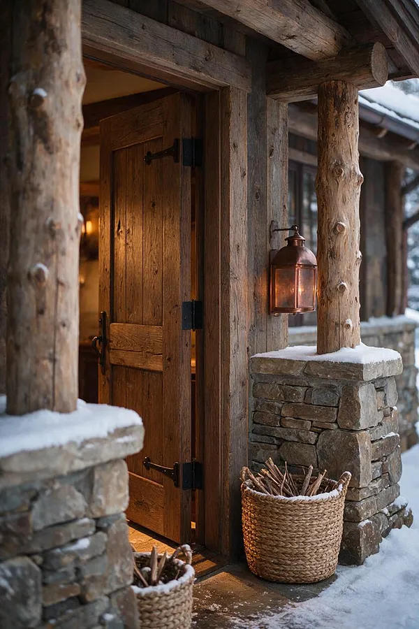 A rustic cabin entryway with thick log posts, stacked stone bases, and a weathered wooden door left slightly open to a warm interior glow. Snow rests on the stone ledges and ground, while woven baskets filled with firewood add texture beside a copper lantern mounted on the wall.