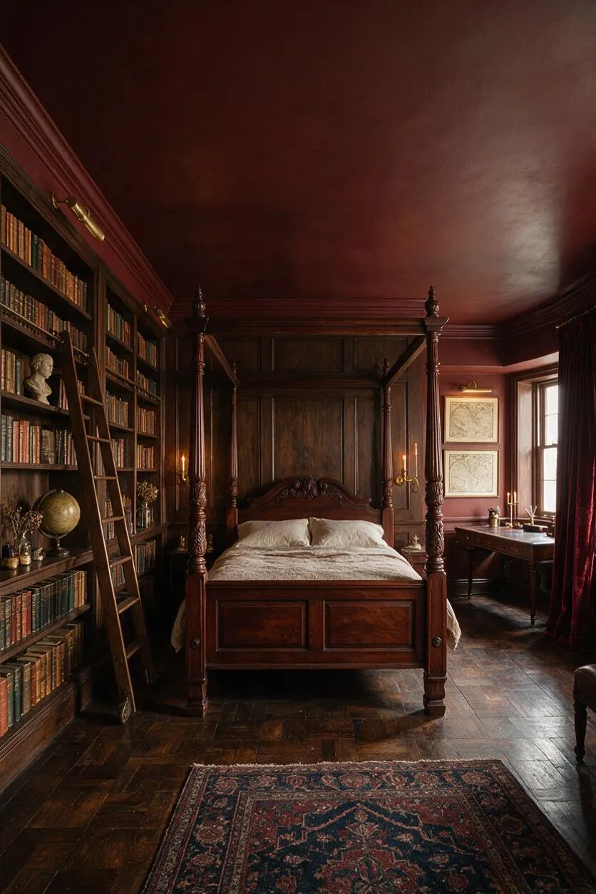 A dark academia master bedroom with a carved four-poster wooden bed centered against paneled walls, surrounded by floor-to-ceiling bookshelves on the left and a desk by the window on the right. The room features a deep burgundy ceiling, dark wood flooring, candle-style wall lights, a ladder, framed maps, and an ornate Persian-style rug.