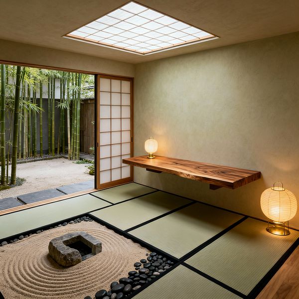 A minimalist Japanese home office with tatami mat flooring centers on a recessed Zen garden of raked sand bordered by smooth black river stones and a square stone basin. A floating live-edge wood desk holds a small paper lantern, another lantern sits on the floor, shoji sliding doors open to a bamboo courtyard, and a large shoji ceiling light softly illuminates pale sage plaster walls, creating a serene, low-seating workspace connected to nature.