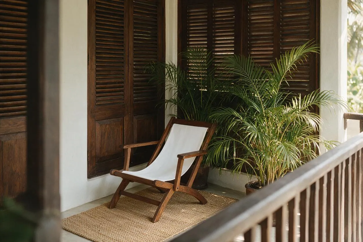 A shaded tropical veranda with dark wooden louvered shutters, a teak folding lounge chair with a white sling seat, potted palm plants, and a woven natural fiber rug on a pale floor. A wooden railing frames the foreground, creating a calm, breezy outdoor retreat.